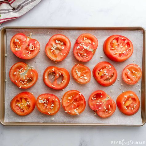 Roasted Tomatoes ~ a delicious side dish featuring ripe tomatoes drizzled with olive oil and balsamic vinegar, seasoned with garlic, salt, and pepper, and oven roasted to sweet and savory, caramelized perfection! | FiveHeartHome.com Ripe Tomatoes, Sweet And Savory, Garlic Salt, Roasted Tomatoes, Oven Roast, Yummy Sides, Balsamic Vinegar, Side Dish, Salt And Pepper