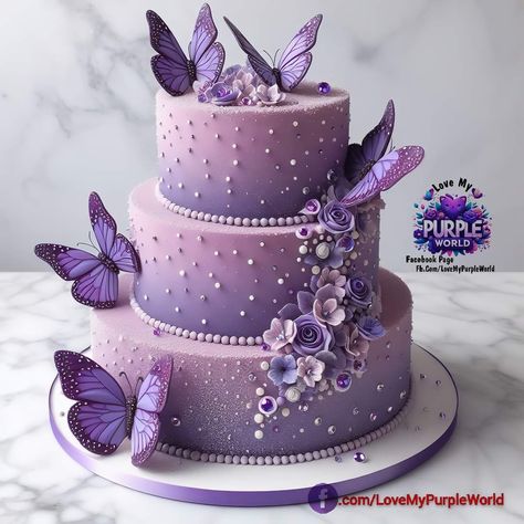 Purple And White Sweet 16 Cake, Purple Quinceanera Cake Ideas, Sweet 16 Cake Ideas Purple, Sweet 16 Ideas Purple, 15 Year Birthday Cake, Purple Butterfly Cakes, Double Tier Cake Design, Purple Butterfly Sweet 16, Lavender Butterfly Cake