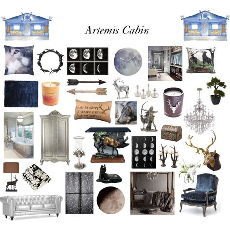 Artemis Cabin by fandoms-have-eaten-my-soul on Polyvore featuring interior, interiors, interior design, home, home decor, interior decorating, Zuo, BD Fine, nanimarquina and Anorak Artemis Outfit, Artemis Cabin, Fandom Bedroom, Greek Room, Cabin Clothes, Cabin Fashion, Percy Jackson Aesthetic, Camp Half Blood Cabins, Percy Jackson Cabins