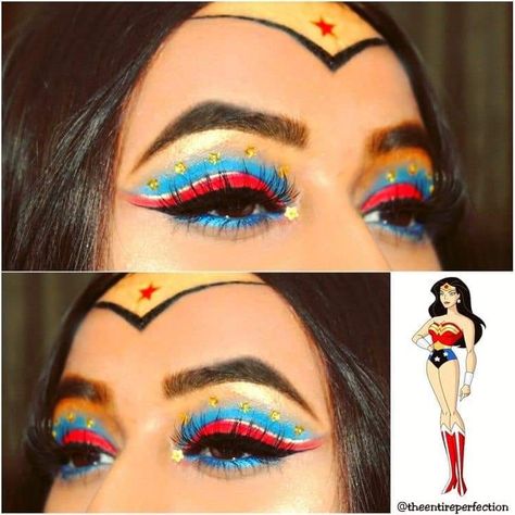 Wonder Women Makeup Ideas, Super Woman Makeup Halloween, Wonder Woman Eye Makeup, Hero Makeup Ideas, Superhero Inspired Makeup, Super Girl Makeup Halloween, Wonder Woman Costume Makeup, Superwoman Makeup Halloween, Wonderwomen Makeup