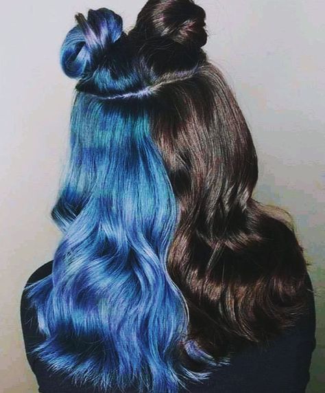 Brown And Blue Split Dye, Split Dyed Hair Blue, Black And Dark Blue Hair, Half Black Half Blue Hair, Blue And Black Hair Ideas, Half Blue Half Black Hair, Blue Split Dye Hair, Black And Blue Hair, Blue And Black Hair