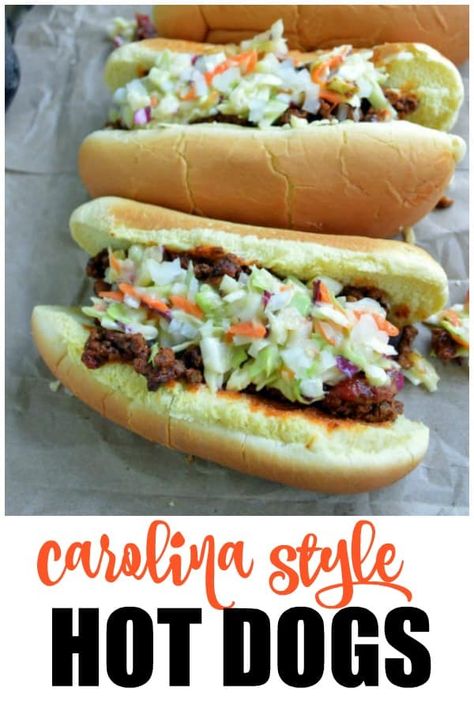 Carolina Style Hot Dogs with chili and slaw Hot Dog Slaw Recipe, Hot Dog Chili Sauce Recipe, Homemade Hot Dog Chili, Chili Dog Chili Recipe, Hot Dog Sauce Recipe, Slaw Dog, Backyard Bbq Food, Homemade Hot Dogs, Hot Dog Chili Sauce