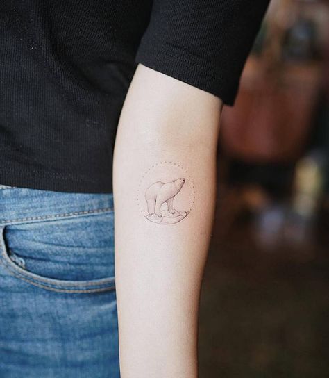 Fine line polar bear tattoo on the left inner forearm. Tattoo Artist: Nando Polar Bear Tattoos, Animal Lover Tattoo, Polar Bear Tattoo, Winter Tattoo, Animal Tattoos For Men, Bear Tattoo Designs, Tattoo Fine Line, Band Tattoos, Tattoo Trend