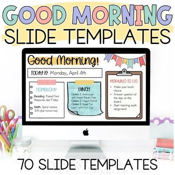 Create a colorful morning message each morning to welcome students into your classroom with this pastel-themed set of Good Morning Slides. This resource contains 70 "Good Morning" slide templates as well as 70 slide templates without headers so you can add your own! There are SO many ways these slides can be utilized in the classroom while adding a soft pop of color!What's Included?70 "Good Morning!" slide templates70 editable slide templates (these slides do not contain headers so you can add y Teacher Good Morning Slides, Good Morning Slides Classroom, Daily Classroom Slides, Teacher Morning Slides, Morning Slides Classroom Free, Classroom Slides Template, Morning Check In, Daily Slides For Classroom, Morning Slides Classroom