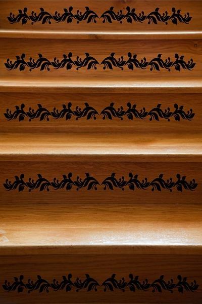 Stair Riser Ideas, Ranch House Interior Design, Stenciled Stairs, Painted Stair Risers, Staircase Decals, Redo Stairs, Stair Riser Vinyl, Stairs To Heaven, Stair Decals