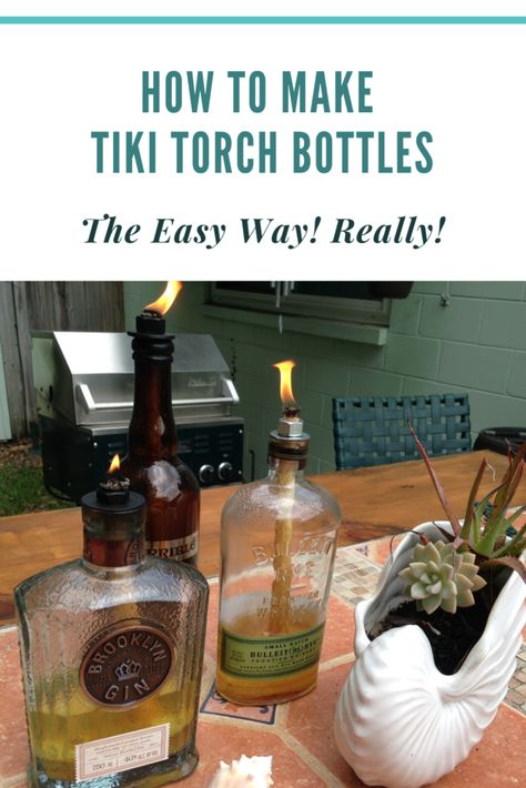 Homemade Tiki Torches, Diy Citronella Torch, Bottle Tiki Torch Diy, Wine Bottle Tiki Torch Diy, Tiki Torches Diy, Liqour Bottles, Torches Diy, Bottle Torch, Diy Citronella