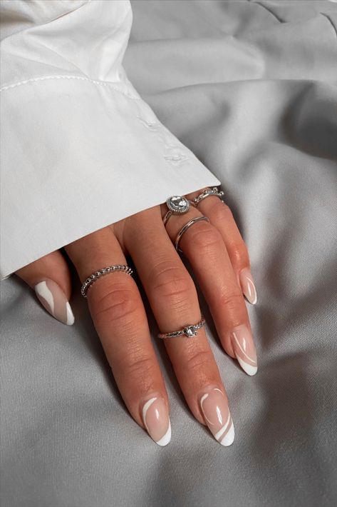 New nail treds 2021 white french nails︱summer nails︱nails acrylic︱nail art︱nail inspo︱nail aesthetic │ silver details │ rings │ French Nails Summer, Sliver Nails, Graffiti Nails, White French Nails, Nail Aesthetic, Nails Summer Nails, Formal Nails, Classy Nail Designs, French Nail Art