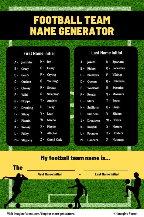 Football Team Name Generator | 1,000+ Football Team Names⚽ Senior Assassin Team Names, Football Team Names Ideas, Basketball Team Names Ideas, Facebook Names Ideas, Soccer Team Names Ideas, Funny Football Team Names, Football Club Names, Fantasy Football Team Names, Team Names Ideas