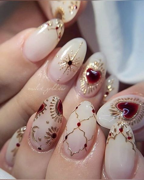 Wedding Nails Alternative, Mexico Inspired Nails Art Designs, Alternative Bridal Nails, Christian Inspired Nails, Mexican Style Nails Design, Spanish Inspired Nails, Nail Art Designs New Years, Ethel Cain Nails, Art Deco Nails Designs