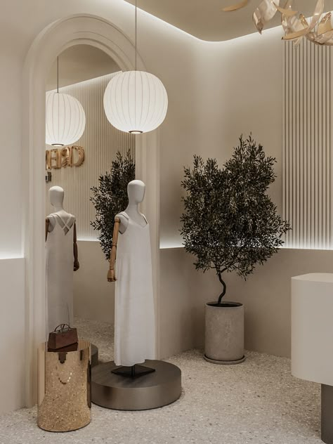 CREMA fashion interior :: Behance Fashion Store Decoration, Minimalist Boutique Design, Luxury Aethstetic, Dress Shop Design, Boutique Entrance, Clothes Shop Interior Design, Neutral Boutique, Modern Boutique Interior, Fashion Designer Office