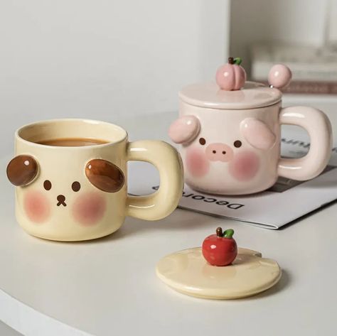 Spoon Ceramic, Ceramic Mug Set, Pig Dog, Pig Cartoon, Second Option, Breakfast Cups, Animal Mugs, Cute Coffee Mugs, Coffee Cup Set