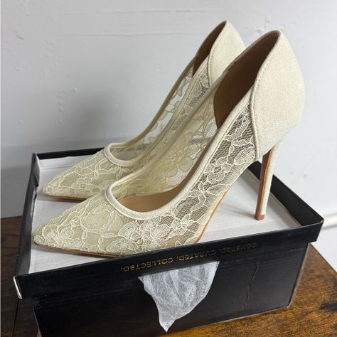 Step Out In Style With These Elegant Lace Stiletto Heels. Perfect For Any Occasion, These Cream-Colored Shoes Add A Touch Of Sophistication To Your Outfit. Too High For Me. Never Worn Colored Shoes, Designer High Heels, Colorful Shoes, Shoes High Heels, Cream Lace, Elevate Your Look, Evening Wear, High Heel Shoes, White Lace