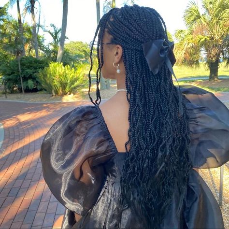 Coquette Hairstyles Box Braids, Fancy Black Hairstyles, Princess Braids Black Hair, Black Princess Hairstyles, Feminine Braids, Curly Braids For Black Women, Cute Braids Hairstyles, Braids Hairstyles 2023, Black Dress Fancy