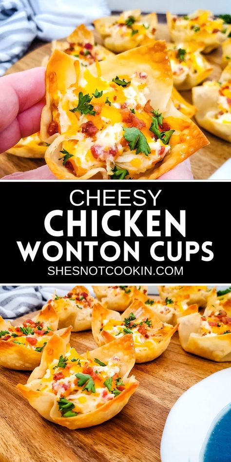 Wonton cup appetizers on a wooden board. Chicken Bacon Ranch Wonton Cups, Ranch Wonton Cups, Appetizers With Chicken, Ranch Appetizers, Wonton Wrapper Recipes Appetizers, Chicken Wonton Cups, Cup Appetizers, Wonton Cups Appetizers, Chicken Wonton Tacos