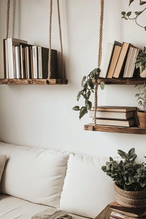 A beautifully crafted DIY hanging rope shelf, perfect for small spaces. This pin showcases stylish home decor ideas featuring creative use of vertical storage in DIY projects. Hanging Shelves With Rope, Diy Rope Shelves, Hanging Shelf With Rope, Diy Plant Shelf Indoor Wall Shelves, Small Space Shelving Ideas, Book Shelves For Small Spaces, Diy Storage Shelves Small Spaces, Diy Small Shelves, Plant Shelf Diy