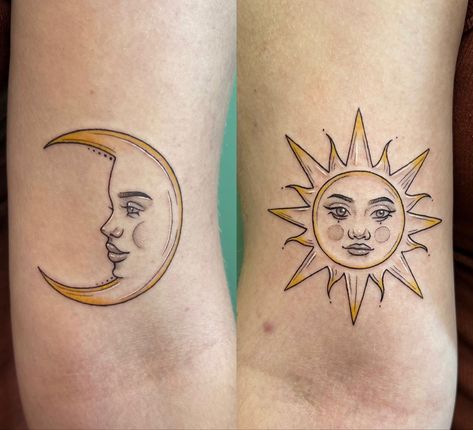 Moon And Sun Face Tattoo, Sun And Moon Tattoo Separate, Sun And Moon Tattoo Color, Sun And Moon Face Tattoo, Sun With Face Tattoo, Sun Face Tattoo, Moon Face Tattoo, Sun Moon And Stars Tattoo, Faces Tattoo