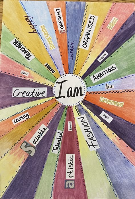 Affirmation Art Projects, I Am Collage, Vision Board Ideas Examples, Colorful Bulletin Boards, Vision Board Ideas, Art Therapy Projects, Therapeutic Art, Diy Journal Books, Art Therapy Activities