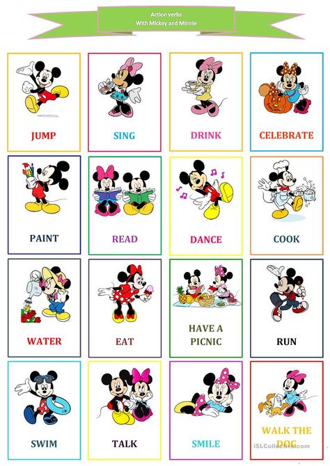 Mickey Mouse action verbs - English ESL Worksheets for distance learning and physical classrooms Mickey Mouse Preschool, Preschool Social Studies, Disney Lessons, Mickey Mouse Classroom, Mickey Mouse Printables, Ant Crafts, Mickey Mouse Stickers, Disney Activities, Kindergarten Freebies