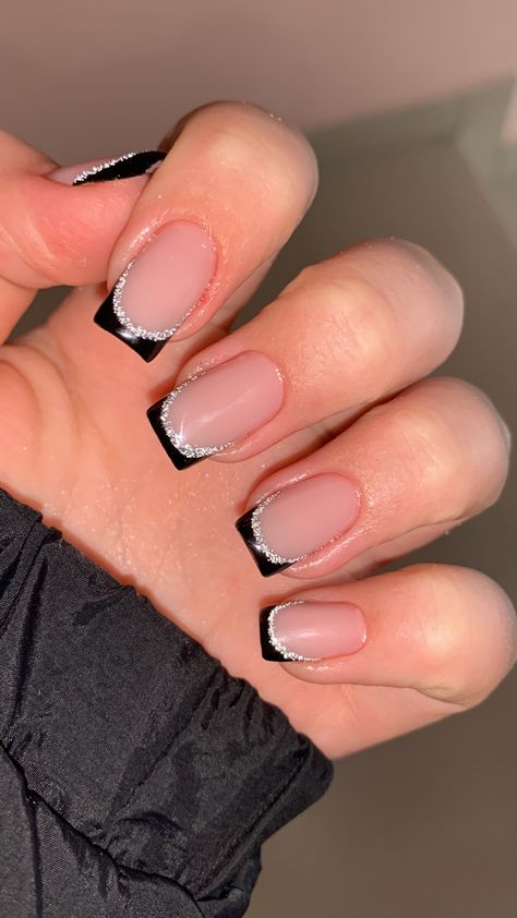 Natural Nails With Small Design, Short Square Nails With Gems, Black And White Natural Nails, Natural Length Nail Designs, Short Acrylic Nails Designs Black, Nails Black With Glitter, Full Glitter Nails, French Nails Black, Short Length Nails