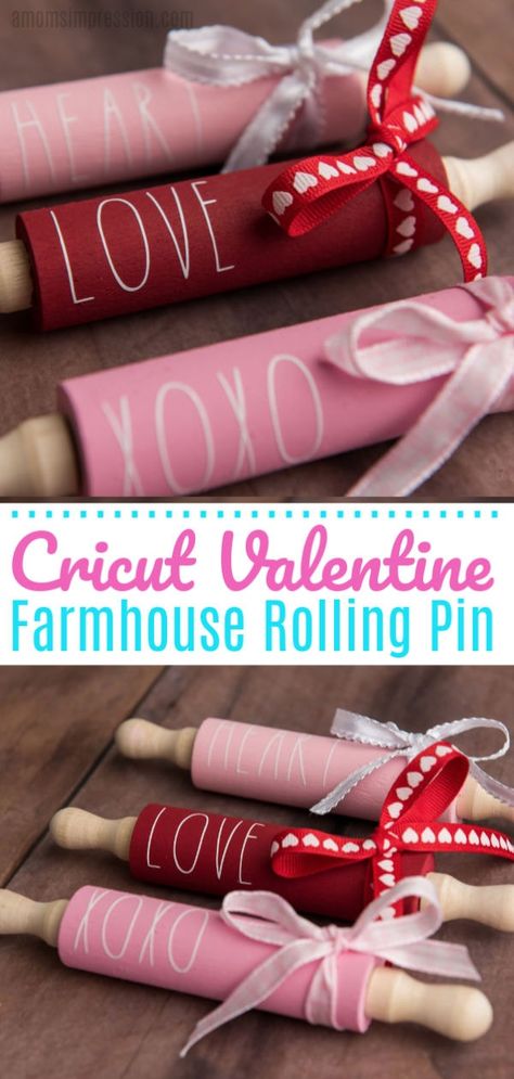 Valentine's Cricut Projects, Farmhouse Rolling Pins, Cricut Valentines Projects, Rolling Pin Crafts, Mini Farmhouse, Crafts Cricut, Easy Valentine Crafts, Diy Valentine's Day Decorations, Valentine's Day Crafts For Kids