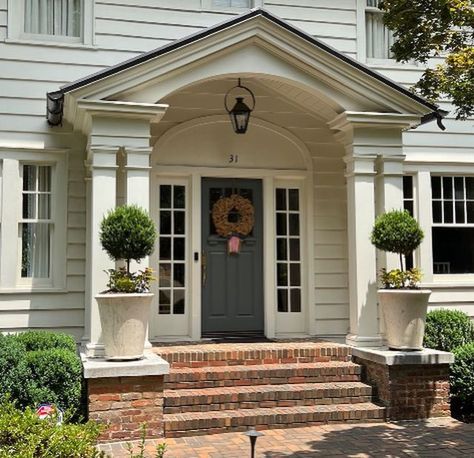 Portico Entry French Country, Colonial Portico Entrance, Adding A Portico Front Entry, Portico Makeover, Front Stairs Entrance, Farmhouse Portico, Portico Entry Colonial, Front Portico Ideas, Colonial Front Porch Ideas