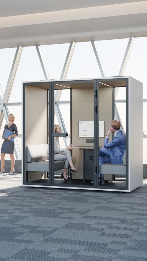 Block the noise and dial up the productivity! Step into our unbelievable soundproof pod, the ultimate meeting oasis for your small team.   No more interruptions, no more distractions – just perfect focus, collaboration, and game-changing ideas. Whether you're brainstorming, strategizing, or simply regrouping, this sleek and stylish pod guarantees total privacy, allowing you to dive deep into your discussions without worrying about prying ears. Office Pod Design, Office Pods Design, No More Distractions, Phone Pods Office, Privacy Pods Office, Pod Office, Meeting Pods Office, Office Pods, Adjustable Height Table