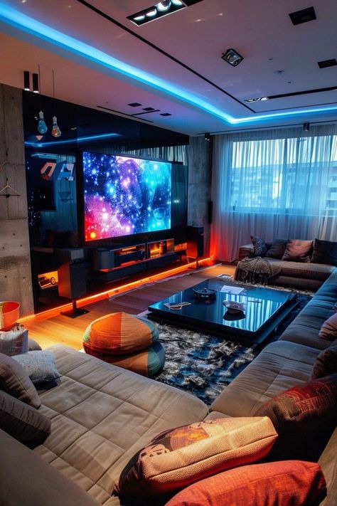 Cool Lounge Room Ideas, Gamer Living Room Ideas, Led Living Room Ideas, Cool Living Room Ideas, Cinema Room Ideas, Home Gaming Room, Party Coloring Pages, Gnome Coloring Pages, Cinema Rooms