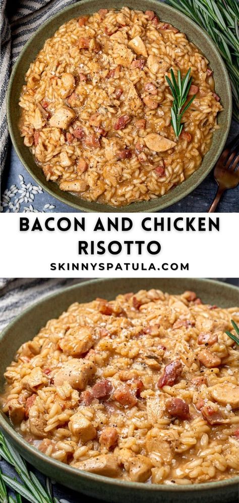 Bacon and Chicken Risotto Chicken Bacon And Rice Recipes, Chicken Bacon Rice Recipes, Meat Risotto Recipes, Chicken And Rissoto, Chicken Sausage Risotto, Risotto With Meat, Chicken Rizoto, Chicken Bacon Risotto, Chicken Rosoto Recipes