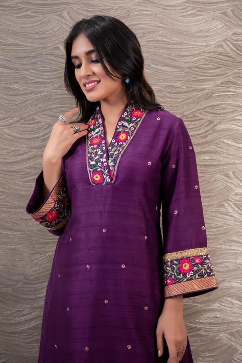 Buy Purple Kurta: Raw Silk; Palazzo: Cupro Velvet Resham And Set For Women by Niti Bothra Online at Aza Fashions. Raw Silk Kurta Designs Women, High Neck Kurti Design, Purple Kurti, Designer Sharara, Kurta And Palazzo, Velvet Embroidery, Kurti Embroidery, Embroidery On Kurtis, Sharara Suit