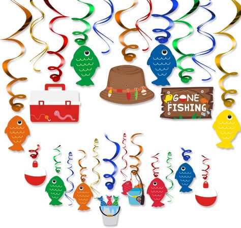 AmazonSmile: 30CT Gone Fishing Party Hanging Swirl Decorations Kit Little Fisherman The Big One Birthday Baby Shower Photo Props Summer Reel Fun Ideas Ceiling Door Foil Whirls Streamers Supplies: Toys & Games Fishing Birthday Decorations, Ofishally One Birthday, Summer Pool Party Decorations, Fishing Party Favors, Gone Fishing Party, Fishing Baby Shower Theme, The Big One Birthday, Fishing Baby Shower, Birthday Streamers