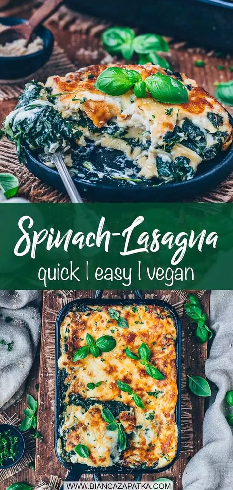 The best spinach lasagna recipe - This delicious vegetarian lasagne with spinach and creamy vegan béchamel sauce is quick and easy to make! #lasagna #veganlasagna #spinach #pasta #casserole #easyrecipes #veganrecipes #vegetarian #recipes #food #vegan #simplerecipes #healthyrecipes | biancazapatka.com Spinach Vegetarian Recipes, Vegan Lasagne Recipes, Spinach Lasagne Recipes, Spinach Lasagna Recipe Easy, Spinach Pasta Casserole, Vegan Spinach Lasagna, Spinach Dinner Recipes, Vegan Eggplant Lasagna, Healthy Vegetarian Lasagna