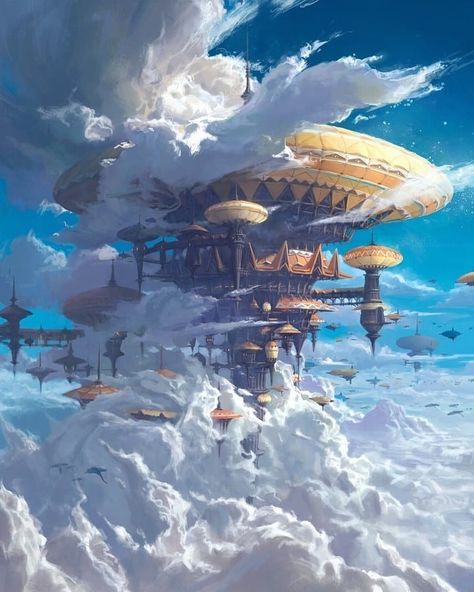 Space and Fantasy on Instagram: “Cloud City by G xy . . .  #spacetravel #scifiart #space #futurism #scifiartwork #scifimovies #scifiworld #scifi #spaceart #scificity…” Fantasy Flying City, Fantasy Cityscape Art, Fantasy Cloud City, Sky City Concept Art, Cloud City Art, Fancy Buildings, City In The Clouds, Flying City, City In The Sky