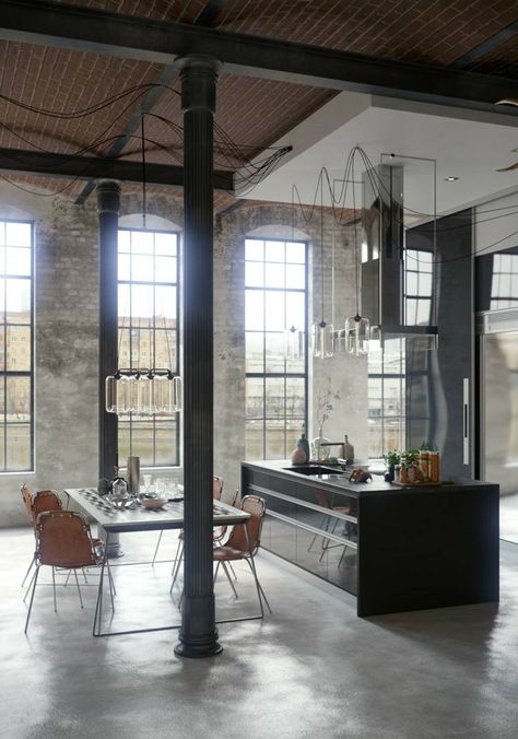 Urban Industrial Decor, Warehouse Living, Industrial Chic Decor, Exposed Ceilings, Kitchen And Dining Area, Loft Interior Design, Loft Stil, Loft Industrial, Interior Design Per La Casa