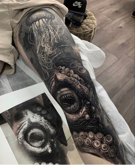 Dylan Weber from Sydney Australia makes some epic ocean themed tattoos! #tattoo #tattooideas #sharktattoo #sharkteeth #legtattoo #sydneytattooartist Dark Ocean Tattoo Sleeve, Ocean Theme Tattoo, Tentacle Arm Tattoo, Skull With Tentacles Tattoo, Evil Octopus Tattoo, Ocean Themed Tattoos, Underwater Skull Tattoo, Ocean Theme Tattoos, Themed Tattoos