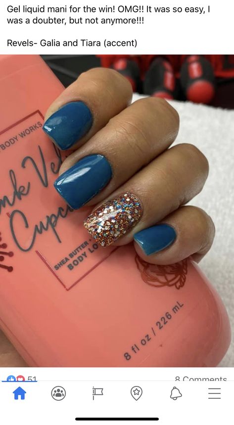 Dip Nails Ideas For November, Deep Teal Nails Fall, Fall Blue Dip Nails, Burnt Orange And Navy Nails, Short Nail Designs Fall 2022, Sedona Nails, November Blue Nails, Late Summer Nails Color Dip, Blue November Nails