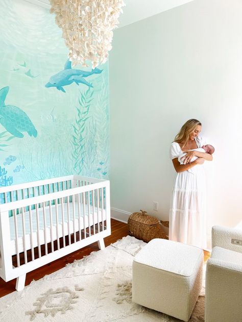 Turquoise Nursery Boy, Ocean Nursery Mural, Ocean Theme Nursery Girl, Under The Sea Themed Nursery, Nursery Sea Theme, Sea Turtle Bedroom, Under The Sea Nursery Boy, Under The Sea Bedroom Ideas, Boy Ocean Nursery