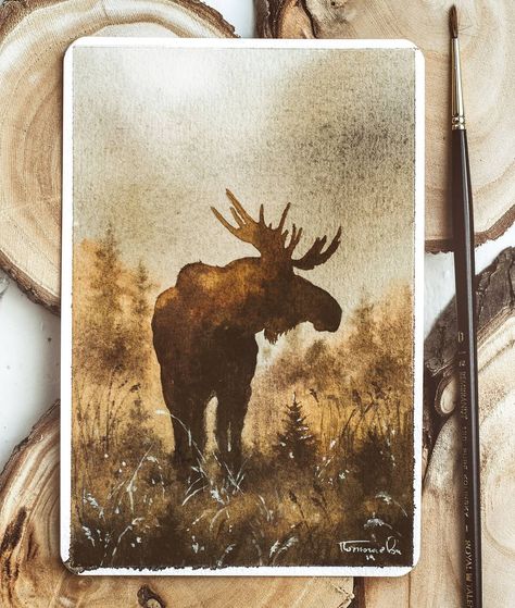 Mountain Scene Watercolor, Akvarel Painting, Moose Drawing, Moose Watercolor, Watercolor Moose, Moose Illustration, Moose Painting, Watercolor Art Landscape, Art Tutorials Watercolor