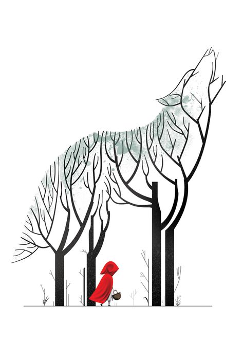 A Wolf, Red Riding Hood, Trees, Forest, Red