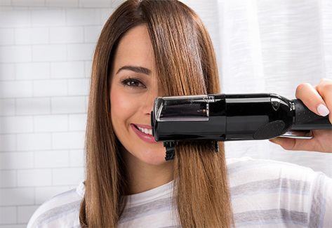 The Cordless Split End Hair Trimmer is the safe and accurate way to trim 1/4” off the ends of your hair — just enough to remove burned, dry and damaged hair and split ends. Best of all it does not touch the long, healthy strands, so it leaves hair with a silky sheen. Split End Trimmer, Split Ender, Growing Long Hair Faster, Longer Hair Faster, Split Ends Hair, Split End, Split Hair, Grow Long Hair, Wavy Curly Hair