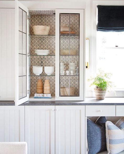 Brooke Wagner Design on Instagram: “Making a new Sunday ritual of organizing my shelves to look as pretty as #bwdclientaspenvictorian kitchen cabinets! ··· photography:…” Kitchen Beadboard Walls, White Beadboard Kitchen, Wallpaper Kitchen Cabinets, Beadboard Cabinets, Kitchen Beadboard, Beadboard Kitchen Cabinets, Grey Grasscloth Wallpaper, Beadboard Walls, Wallpaper Cabinets