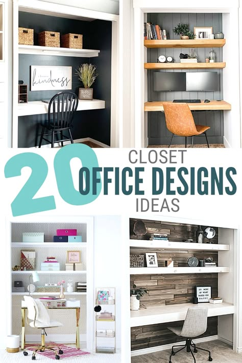 Turn that extra closet into a usable workspace and now you have a cloffice! Click here for 20 Closet Office Design Ideas.#thecraftyblogstalker#cloffice#workspace#desk Turn Closet Into Office Small Spaces, Desk Inside Closet With Clothes, Diy Office Nook Small Spaces, Office In A Cupboard Small Spaces, Craft Desk Closet, Diy Closet Desk Small Spaces, Desk In A Closet Built Ins, Closet Computer Desk, Ikea Desk In Closet