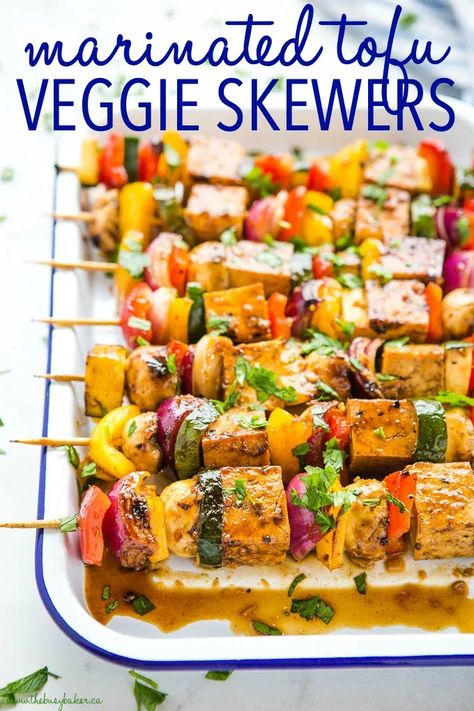 These Marinated Tofu Veggie Skewers are the perfect vegan main dish for summer! Tofu in a simple savoury marinade with fresh veggies - a healthy choice for summer entertaining!  Recipe from thebusybaker.ca! #tofu #vegan #veggies #maindish #grilling #vegangrilling #summer #healthy Vegan Main Dish, Quick Vegetarian Recipes, Classic Pasta Salad, Tofu Vegan, Vegetable Skewers, Vegan Summer Recipes, Veggie Skewers, Vegan Grilling, Marinated Tofu