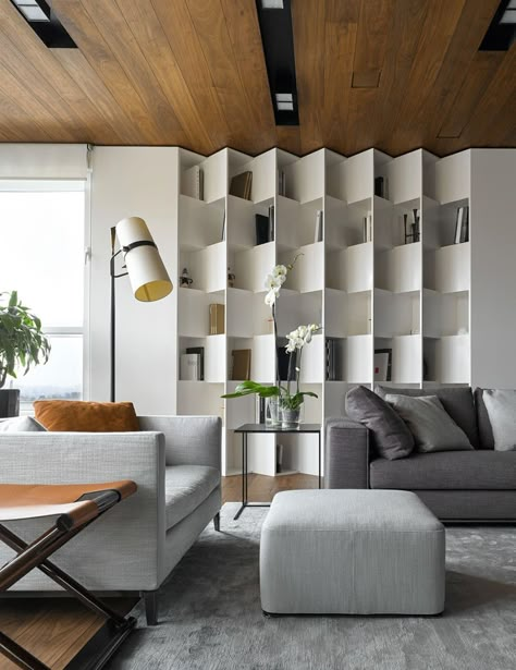 Modern Apartment Design, Interior Livingroom, Trendy Apartment, Trendy Living Rooms, Living Room Shelves, Book Shelves, Apartment Interior Design, Office Interior Design, Office Interior