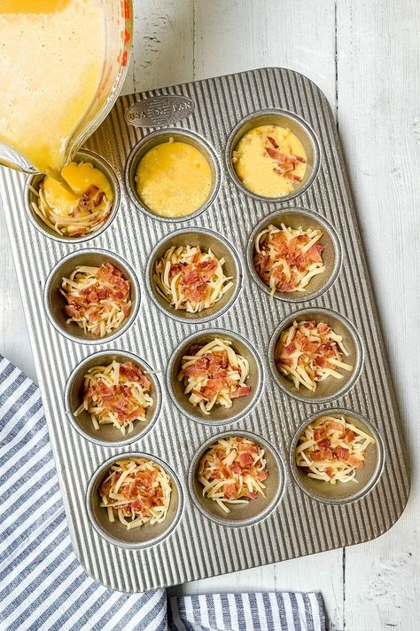 We're in love with this oh-so-simple Bacon Gouda Egg Bites recipe (inspired by Starbucks egg bites) to make for busy mornings or quick afternoon snacks. Made in a muffin tin, they're perfect to make ahead, are freezer friendly, and awesome for quick bites during the day! Starbucks Bacon Egg Bites Recipe, Gouda Egg Bites, Starbucks Egg Bites Recipe, Turkey Bacon Recipes, Bacon Omelette, Bacon Egg Muffins, Starbucks Egg Bites, Egg Bites Recipe, Quick Bites