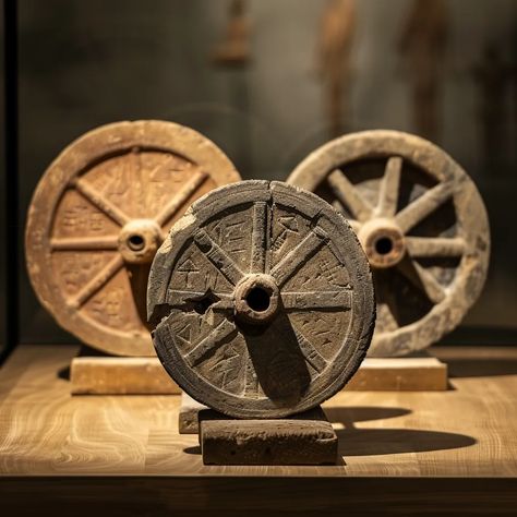 The image shows three ancient wheels made of stone. The wheels are all circular and have a hole in the center. They are arranged in a row on a wooden surface. The wheels are all the same size and have the same design. Ancient Wheel, Ancient Stone, The Row, Wheel, Stone, Quick Saves, Design