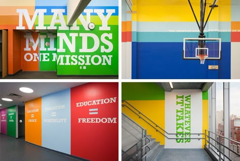 Paula Scher's graphic work at Achievement First Endeavor School Building Graphic Design, School Interiors, School Branding, School Signage, 3d Forms, Office Graphics, Wall Sayings, School Environment, Office Mural