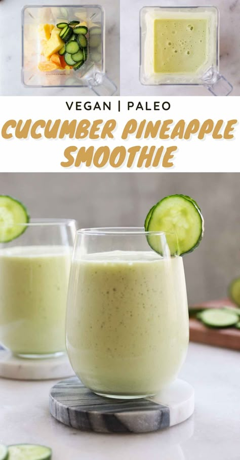 This Cucumber Pineapple Smoothie is sweet, refreshing, healthy and absolutely delicious! Made with frozen pineapple, cucumber, ginger and almond milk, it's like summer in a glass! Cucumber Fruit Smoothie, Cumcuber And Pineapple Smoothie, Cucumber Ginger Pineapple Smoothie, Smoothies With Cucumber, Cucumber And Pineapple Detox Smoothie, Cucumber Drinks Healthy, Cucumber Ginger Smoothie, Cucumber Smoothie Recipes, Pineapple Cucumber Smoothie