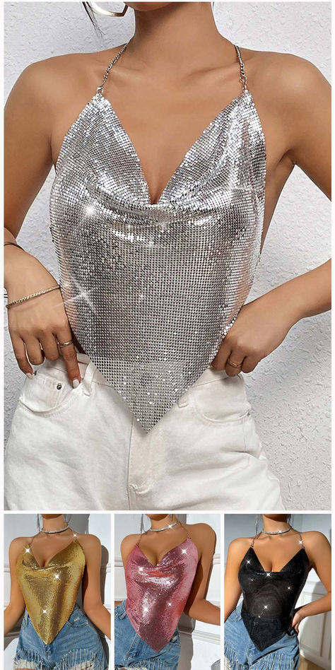 Sexy Solid Sequins Backless Halter Tops