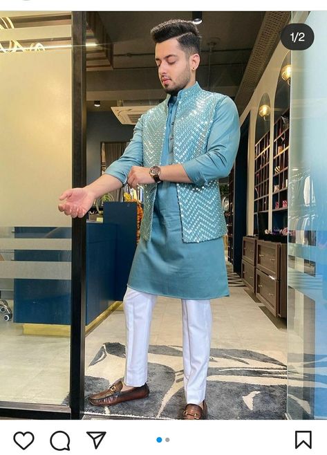 Kurta Pajama Bandi Men, Mens Bandi Kurta, Kurta For Engagement For Men, Kurtas For Haldi For Men, Wedding Dresses Men Indian Suits, Ethnic Wear For Men Wedding, Men’s Kurta With Jacket, Mehndi Dresses For Boys For Men, Ocation Outfits