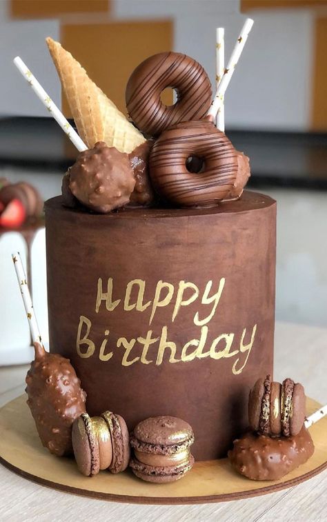 chocolate birthday cake, birthday cake, cake ideas 2021 Chocolate Cake Ideas For Men, Chocolate Cake For Men, Donuts Cake Birthday, Chocolate Cake With Sprinkles, Themed Cakes For Men, Choc Cake Decoration Ideas, Fancy Chocolate Cake, Donut Cake Birthday, Birthday Cake For Son